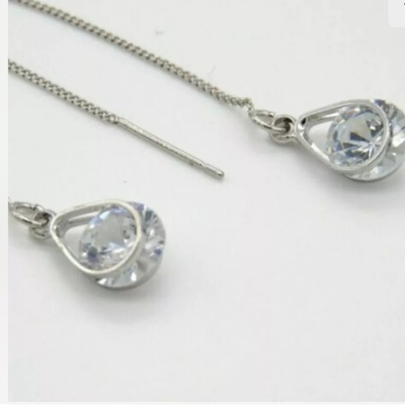 925 Silver Boho Diamond Chain Dangle Earrings threader water drop - Picture 2 of 4